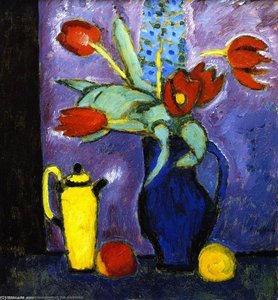 Natura Morta Con Tulipani, Caraffa Blu, Caffettiera Gialla — Alexej Von Jawlensky