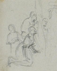 A Group Of Three Figures, One Kneeling, Possibly Before A Shrine — John Frederick Lewis