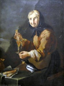 Old Woman With A Glass And A Magpie — Giacomo Francesco Cipper