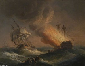 Fire At Sea — Thomas Luny