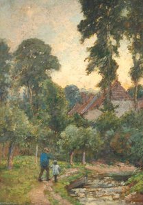 Worker Carrying A Scythe With His Daughter — William Herbert Allen