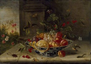 Decorative Still Life Composition With A Porcelain Bowl, Fruit And Insects — Jan Van Kessel The Elder