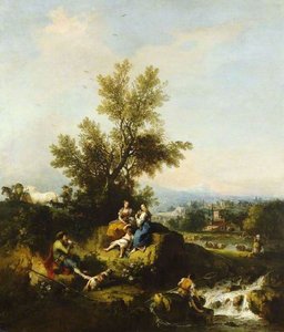 Italianate Wooded River Landscape With A Piping Shepherd, Two Women And A Child — Francesco Zuccarelli