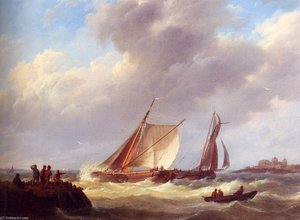 Fishermen On A Jetty Overlooking A River Estuary — Johannes Hermanus Koekkoek