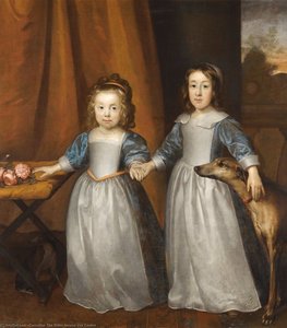Portrait Of Two Young Girls On A Terrace With Two Hounds And A Landscape Beyond — Cornelius The Elder Jonson Van Ceulen