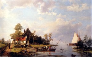 A River Landscape With A Ferry And Figures Mending A Boat — Johannes Hermanus Koekkoek