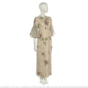 Evening Dress In Off-white Plisse Silk Chiffon Over White China Silk With Hand-painted Meandering Floral With Boteh Motif — Mori Hanae
