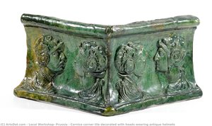 Cornice Corner Tile Decorated With Heads Wearing Antique Helmets — Local Workshop, Prussia