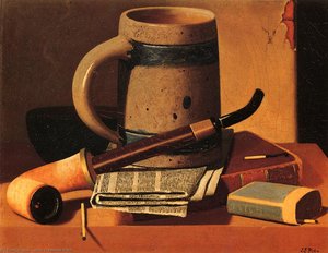 Still Life With Pipe, Beer Stein, Newspaper, Book And Matches — John Frederick Peto