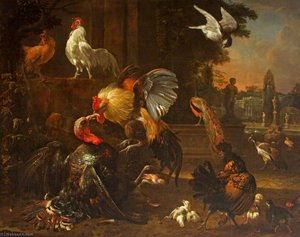 A Cock And Turkey Fighting, In A Park Setting, With Other Fowl — Melchior De Hondecoetter