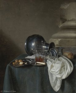 A Still Life With A Pewter Jug On Its Side, A Glass Of Ale, A Salt Cellar, A Bread Roll And Other Objects On A Table Draped In A Dark Green Cloth — Simon Luttichuijs