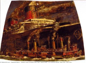 Atlantic Liner In Harbor With Tugs (mural Study, U.s. Customs House, New York, New York) — Reginald Marsh