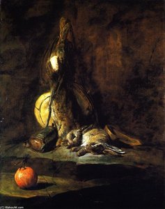 Deux Lapins Avec Sac De Chasse, Fiole À Poudre Et Orange — Jean-baptiste-siméon Chardin