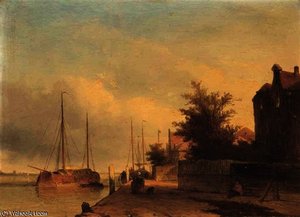 Figures On A Quayside In A Dutch Town — Jan Weissenbruch