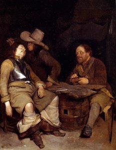 A Guard Room Interior, With A Soldier Blowing Smoke In The Face Of His Sleeping Companion, A Third Looking On — Gerard Ter Borch The Younger