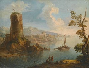 Harbour Scene With A Ruined Watch Tower And Groups Of Figures Standing On The Rocky Shore — Paolo Anesi