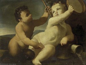 A Putto With A Tambourine And An Infant Satyr With A Panpipe — Carlo Cignani