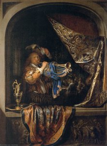 Trompetista Frente A Un Banquete — Gerrit Dou