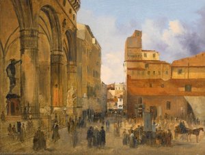 A View Of The Piazza Della Signoria With The Loggia Dei Lanzi At Left By Ippolito Caffi — Ippolito Caffi