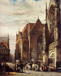 Many Figures On The Market Square In Front Of The Martinikirche, Braunschweig — Cornelis Springer