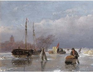 Skaters On The Ice With A Koek En Zopie In The Distance — Andreas Schelfhout