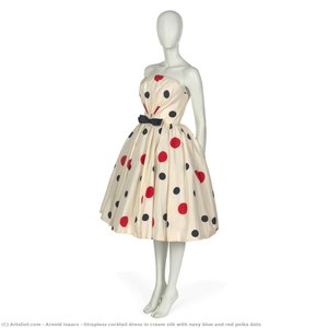 Strapless Cocktail Dress In Cream Silk With Navy Blue And Red Polka Dots — Arnold Isaacs