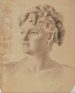 Head Of A Woman With Curly Hair And Leaves On The Head 3/4 Left Profile. Sign Below And Says: Del Yeso — Eugenia Belín Sarmiento