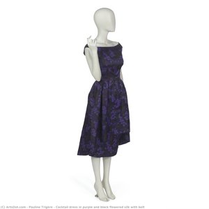 Cocktail Dress In Purple And Black Flowered Silk With Belt — Pauline Trigère