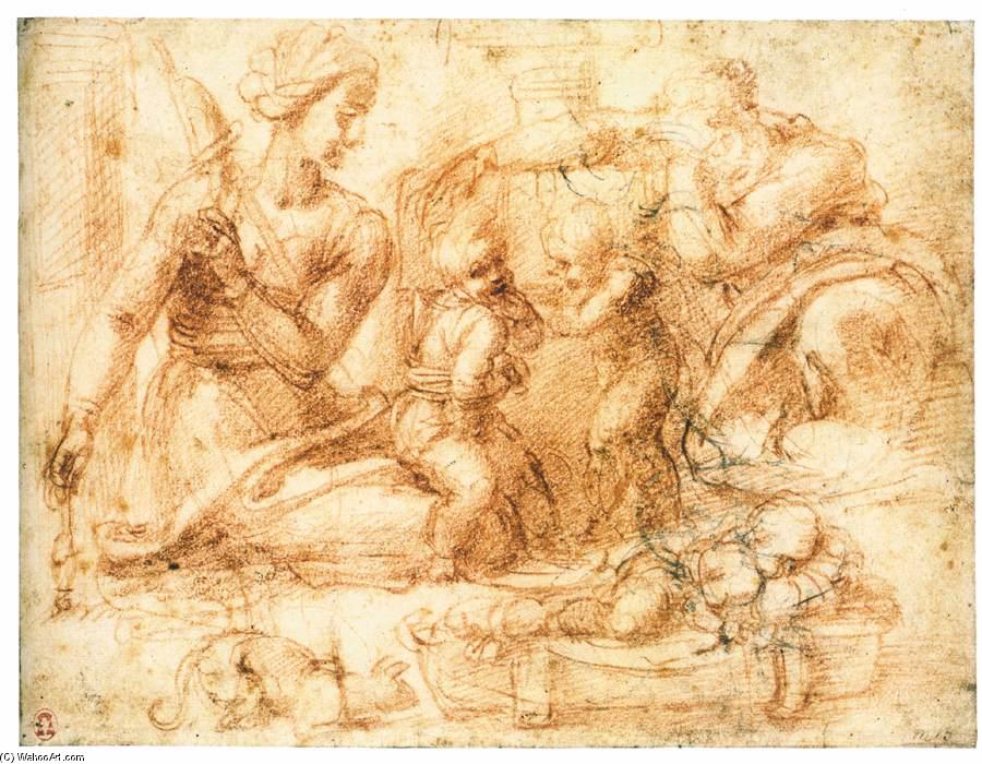 Femeia cu Distaf și Trei Copii de Michelangelo
