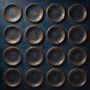 Oxidized Bronze Reliefs in a Midnight Blue Grid