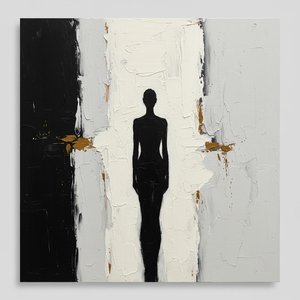 Silencio Monolítico: Una Silueta Fragmentada En Impasto De Oro Y Obsidiana