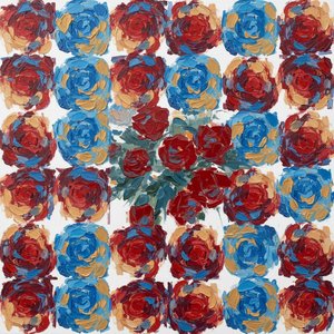 Crimson Rosette Grid: A Monumental Study in Impasto Texture and Rhythmic Color