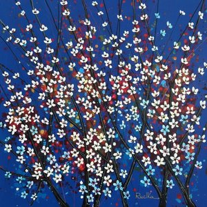 Celestial Radiance: An Ethereal Expansion of Midnight Blue and Radiant White Blossoms