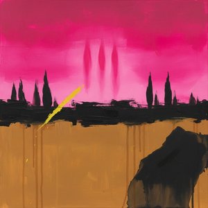Eterični Magenta Obzorje S Fragmentiranimi Oker Senčami In Primordnimi Gesturalnimi Potezami