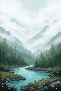 Ethereal Serenity: A Singular Vision of Misty Peaks and Winding Teal Waters