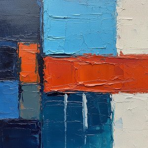 Architektonische Spannung In Cerulean Und Burnt Orange: Eine Monumentale Impasto-studie