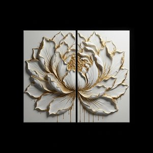 Gilded Petals in Relief: A Monumental Sculptural Study of Serene Gold and Cream