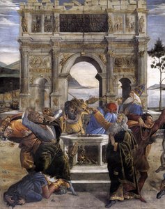Kara Koraha I Kamienowanie Mojżesza I Aarona (detal 1) — Sandro Botticelli