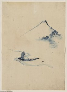 A Person In A Small Boat On A River With Mount Fuji In The Background — Katsushika Hokusai