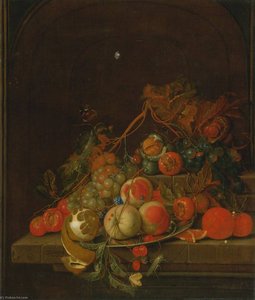 Still Life Of Peaches, Grapes, A Lemon, Oranges And Other Fruit On A Pewter Plate Resting On A Stone Ledge With Nuts, A Grasshopper And A Butterfly, All In A Niche — Cornelis Jansz De Heem