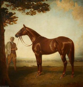 'corcyra', A Chestnut Racehorse With Its Groom In A Landscape — James Lynwood Palmer
