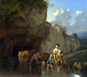 A Woman And A Boy With Animals At A Ford — Karel Dujardin
