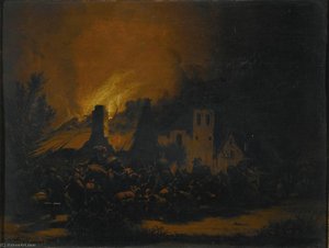 A Fire In A Village At Night — Egbert Van Der Poel