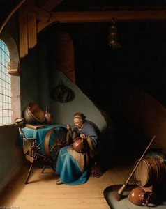 An Elderly Woman, Seated By A Window At Her Spinning Wheel, Eating Porridge — Gerrit Dou