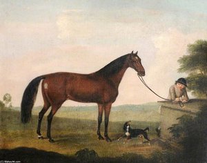 A Brown Horse, A Spaniel And A Groom