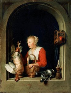 The Dutch Housewife Or, The Woman Hanging A Cockerel In The Window — Gerrit Dou