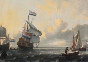 A Two Decker, A Fluyt, A Kaag And A Weyschuit In A Stiff Breeze — Ludolf Backhuysen I