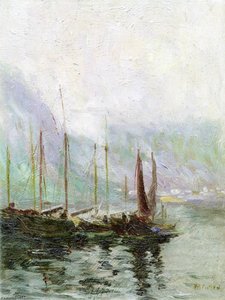 Misty Morning, Fishing Boats At Harbour — Maurice Cullen