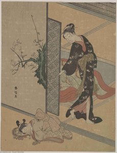 Young Lady Looking Through Door At Her Kamuro — Suzuki Harunobu