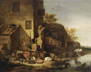 Cottage With A Still-life Of Kitchen Utensils — Egbert Van Der Poel